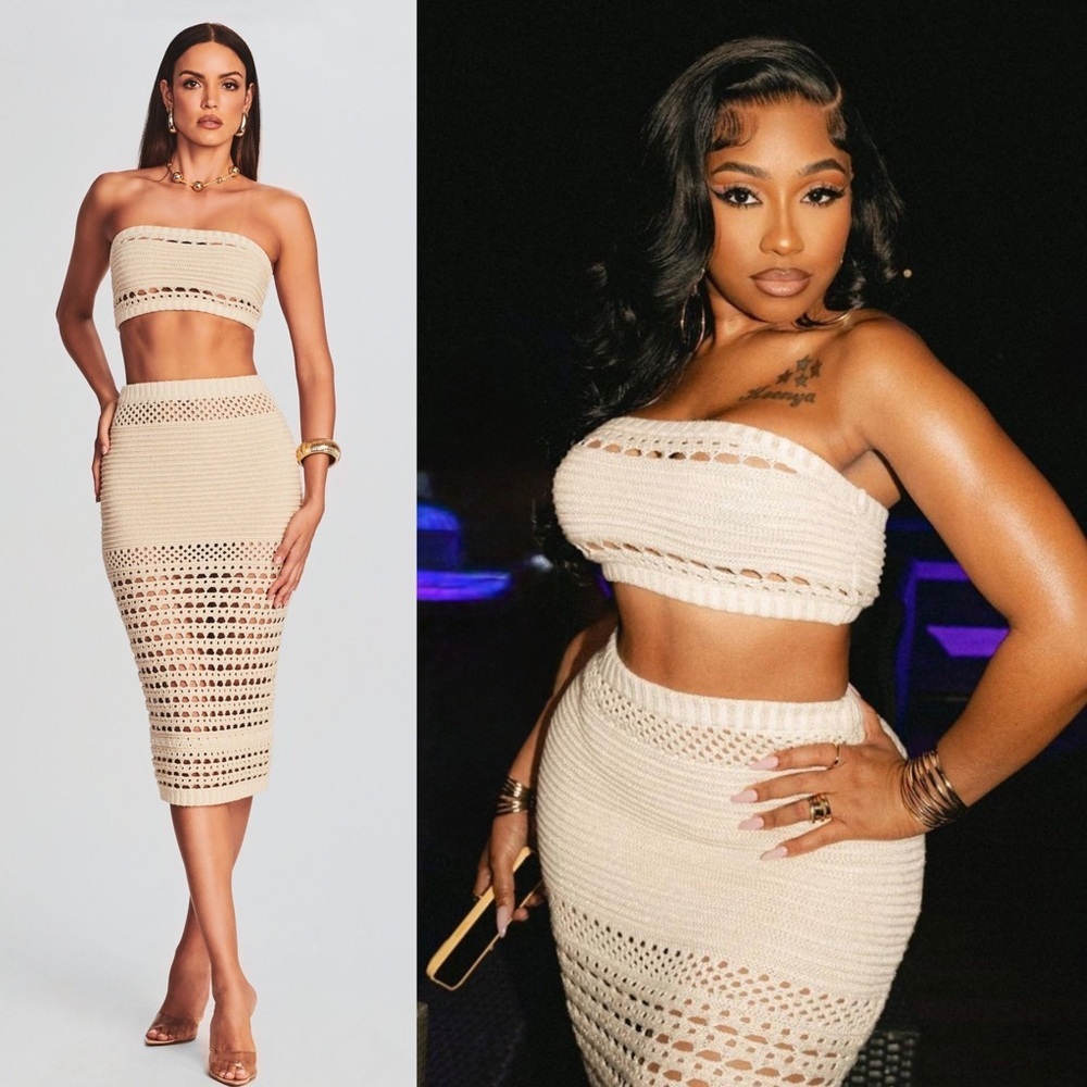 NWT RETROFETE Cotton‎ Metallic Thread Detail Crochet Knit Strapless Crop Top M